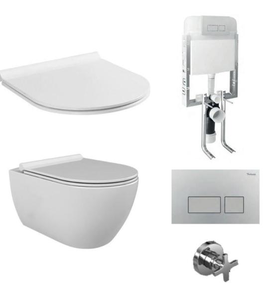 Туркуазен Cerastyle City Rimless без канали за вешање тоалет со вграден резервоар Bella капак за целосен комплет.