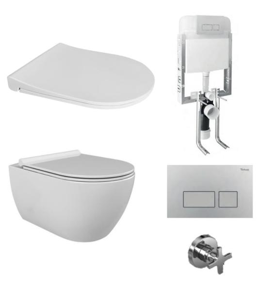 Turkuaz City Rimless Безканален Висечки ВЦ, Gala Slim Бавно Затворање Капак и Вградлив Резервоар Комплет